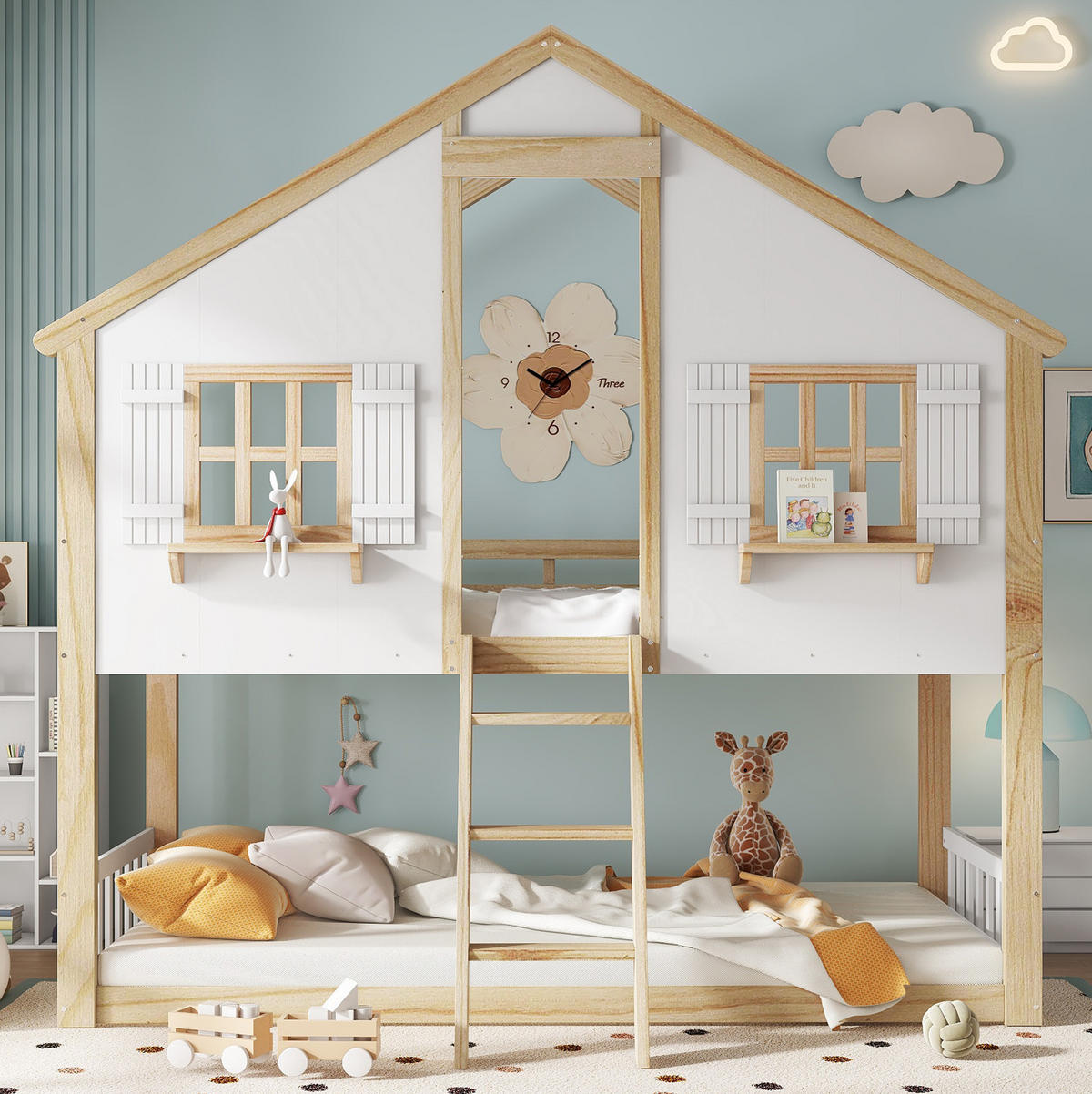 ETAGENBETT 90/200 cm in Weiß/Natur mit Dach, Fenstern und Sicherheitsgeländer - Weiß, Holzwerkstoff (90/200cm) - OKMYHOME