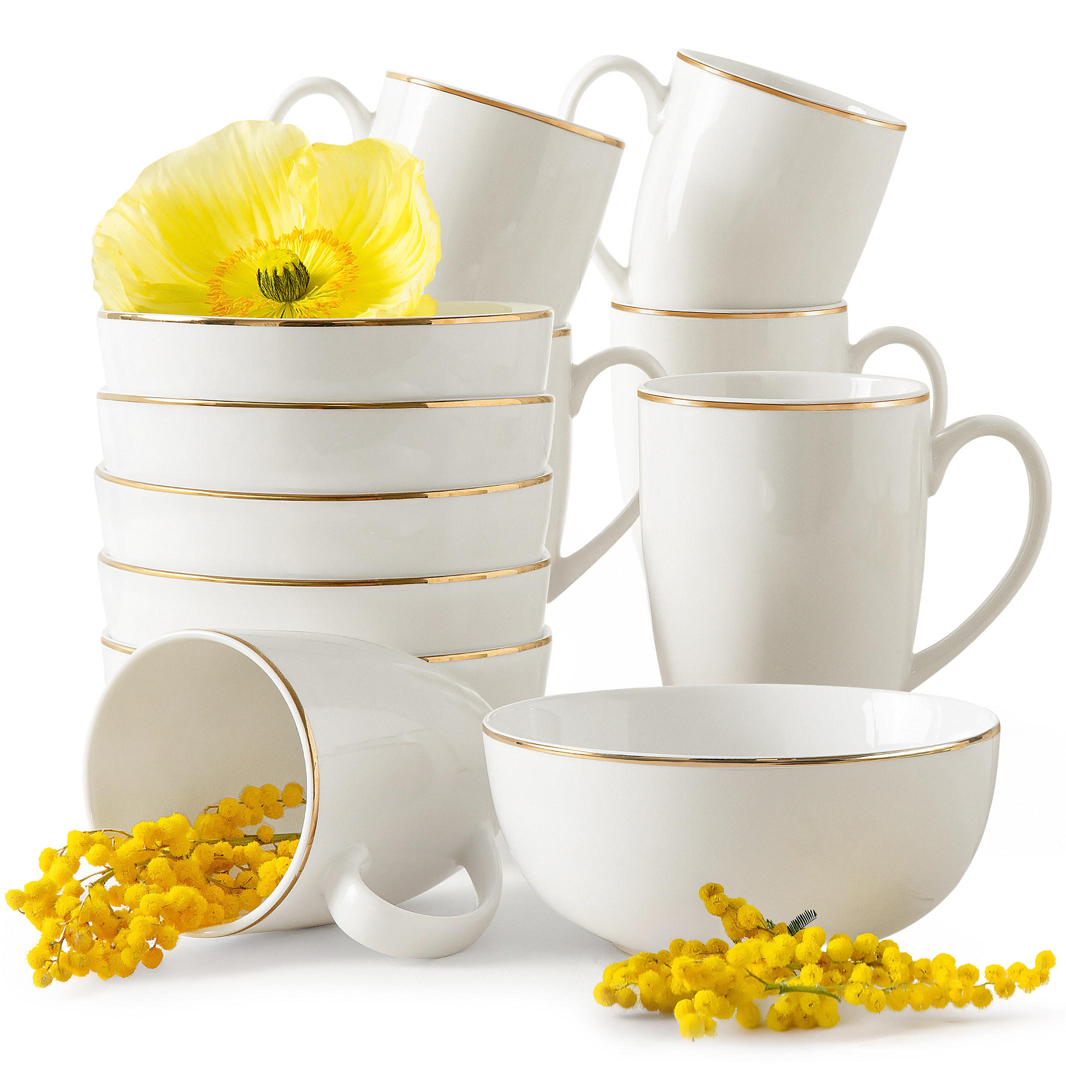 FRÜHSTÜCKSGESCHIRRSET AD BELLA, 12-tlg - Ecru/Goldfarben, Keramik (14/10.5/14cm) - KONSIMO®