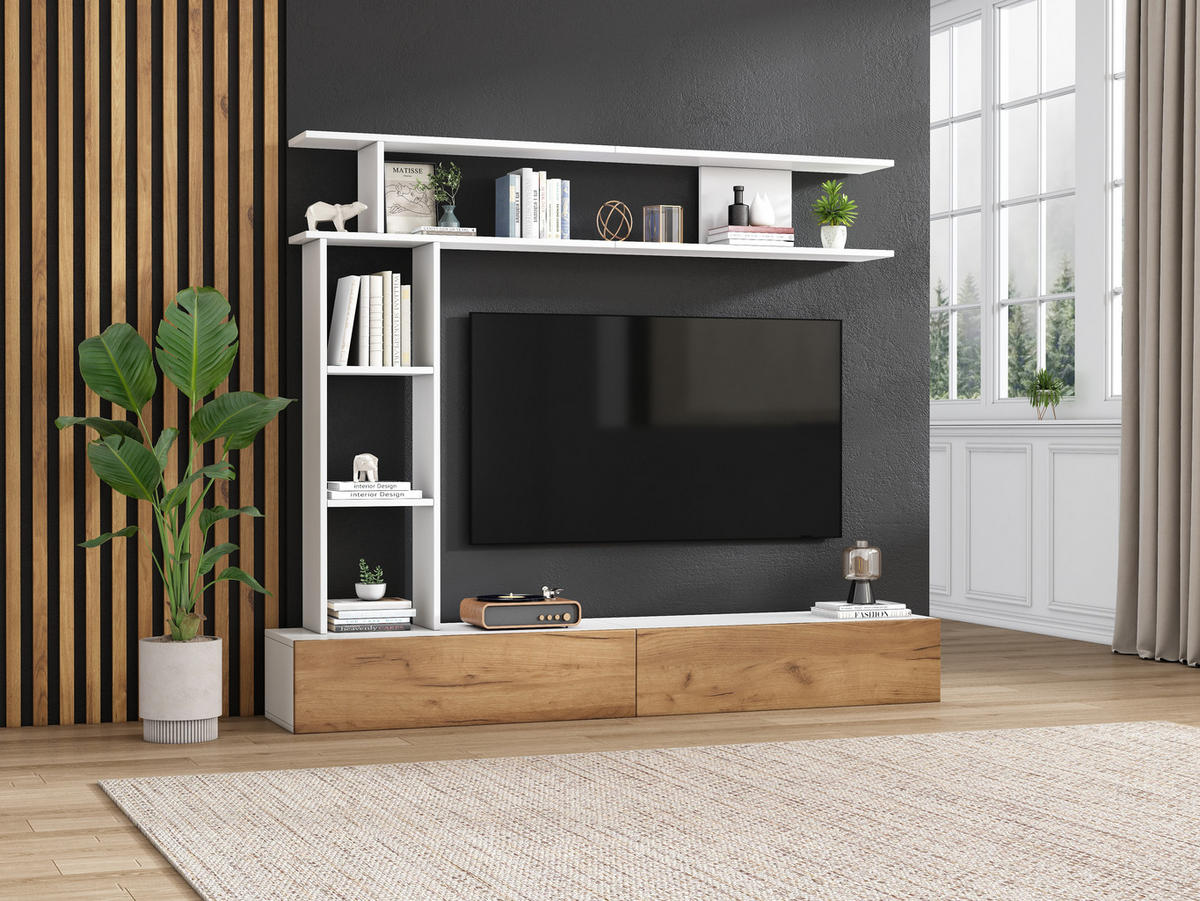 TV-ELEMENT3TLG 180cm TVWohnwandSet für 80ZollFernseher mit Wandregal WeißHolz - Weiß, Holz (36.5/16.99/95.99cm) - Raelunyi