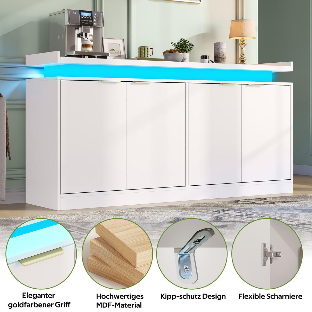 SIDEBOARD DE-38751 160/39/83 cm LED-Beleuchtung und 4 Türen Weiß - Weiß, Holzwerkstoff (160/83/39cm) - ComfortXL