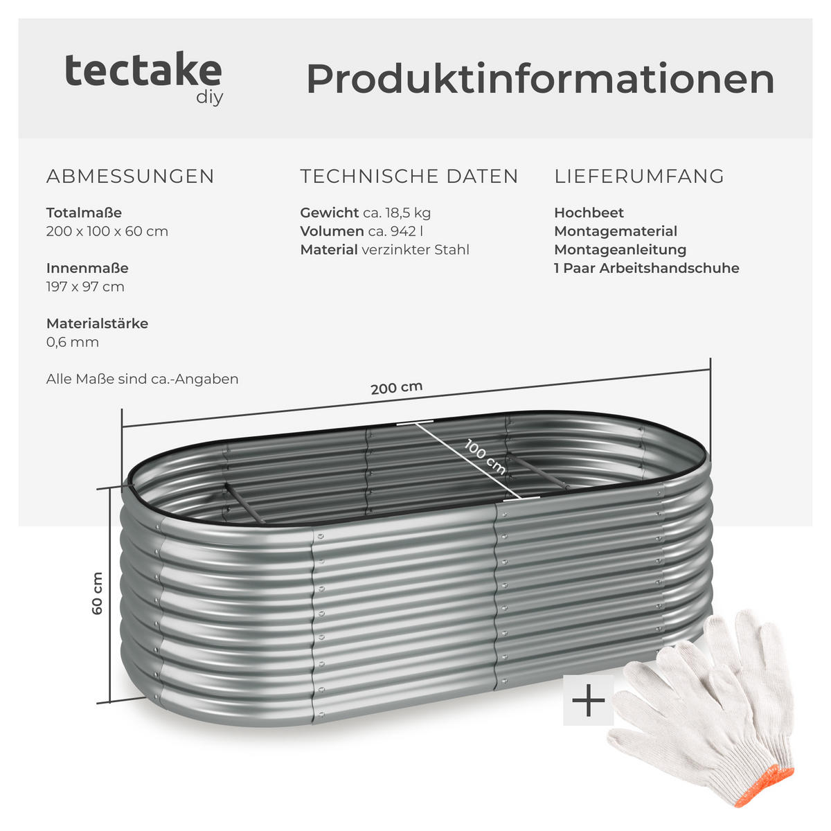 HOCHBEET Flormma,200 x 100 x 60 cm,silber - Silberfarben, Metall (200/60/100cm) - tectake