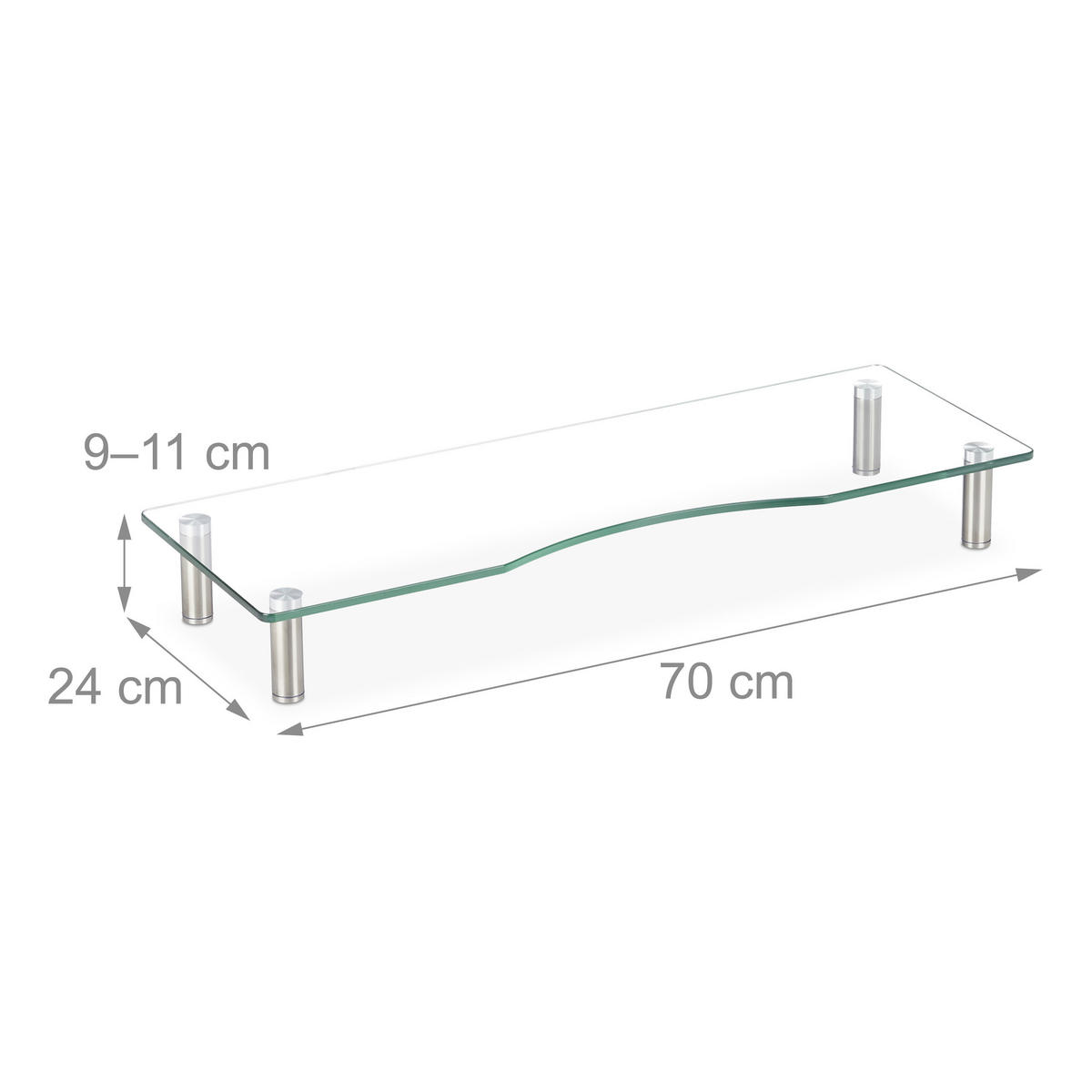 MONITORSTÄNDER Transparent Silber gehärtetes Glas höhenverstellbar - Transparent, Glas/Metall (24/70/11cm) - Relaxdays