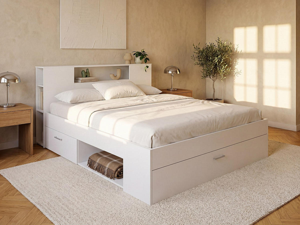 BETTRAHMEN - 2 Personen - holz - weiß Leandre - Weiß, Holz (160/200cm) - Vente-Unique