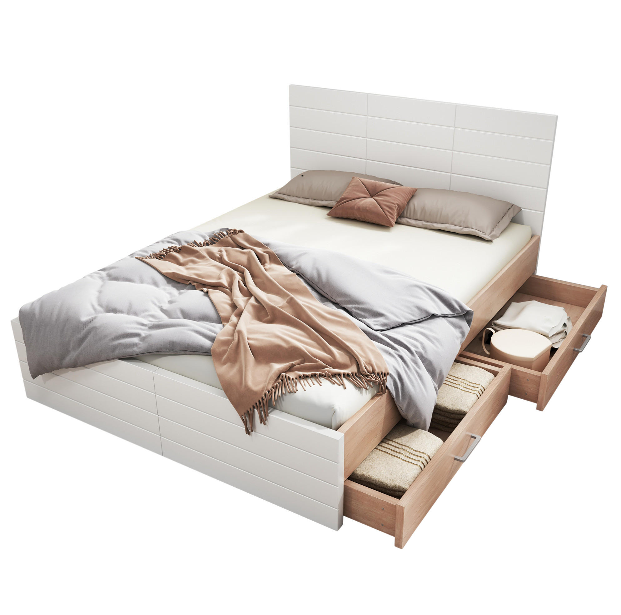 DOPPELBETT 160/200 cm Eiche und Weiß mit 2 Schubladen und Lattenrost mit Matratze - Weiß, Holzwerkstoff (160/200cm) - OKWISH