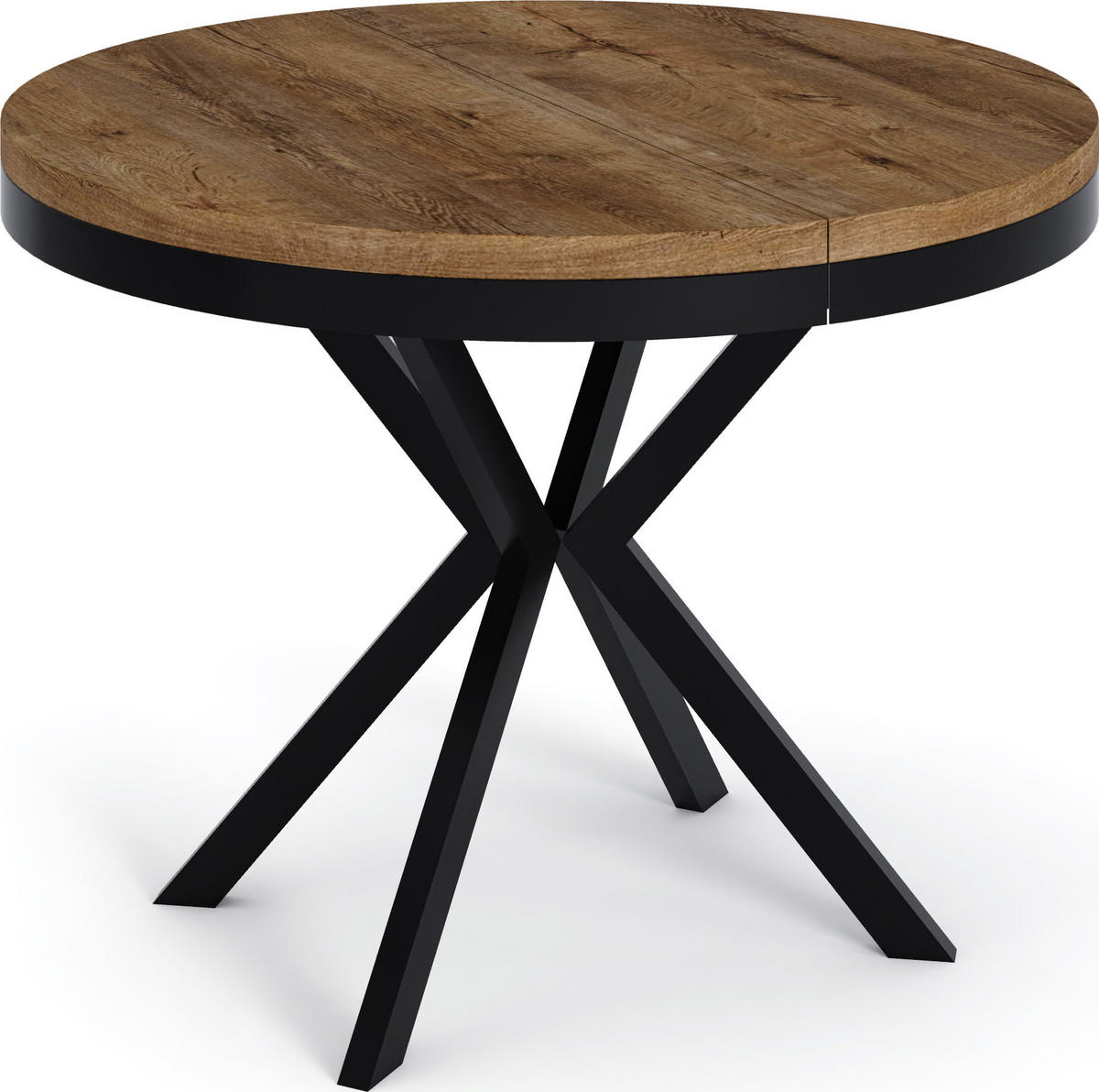 ESSTISCH Ross runder ausziehbarer, Lefkas Eiche 100-180/100/76 cm - Alteiche/Schwarz, Holzwerkstoff/Metall (100/100/76cm) - WFL GROUP