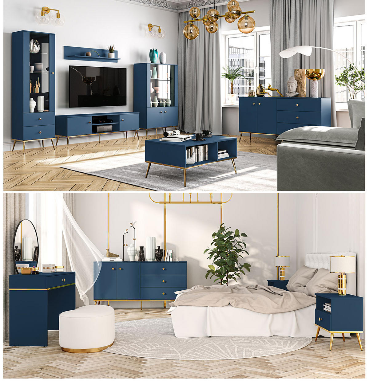 SIDEBOARD Marine dunkelblau / gold 120 / 40 / 85cm - Blau/Dunkelblau, Holz/Holzwerkstoff (120/85/40cm) - Feldmann-Wohnen