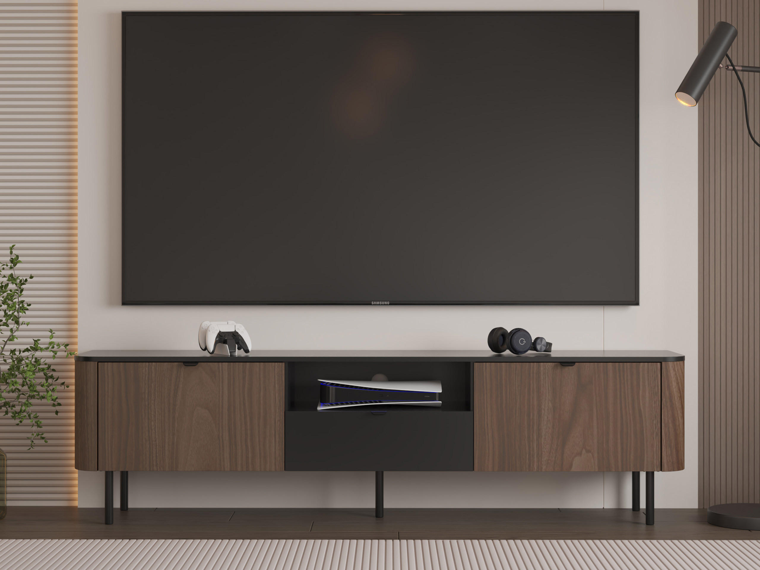 TV-ELEMENT Pero 200 01 - Nussbaumfarben/Schwarz, Holzwerkstoff/Metall (200/55/39cm) - MIRJAN24