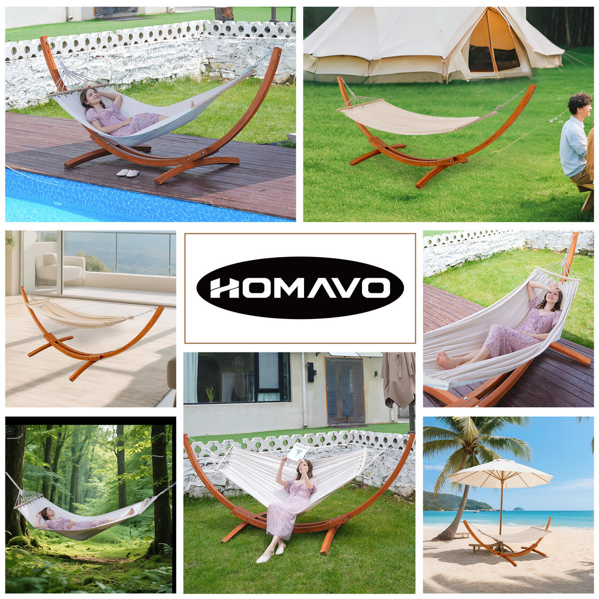 HÄNGEMATTE mit Gestell, 320x120x120 cm - Beige, Holz (120/120/320cm) - HOMAVO