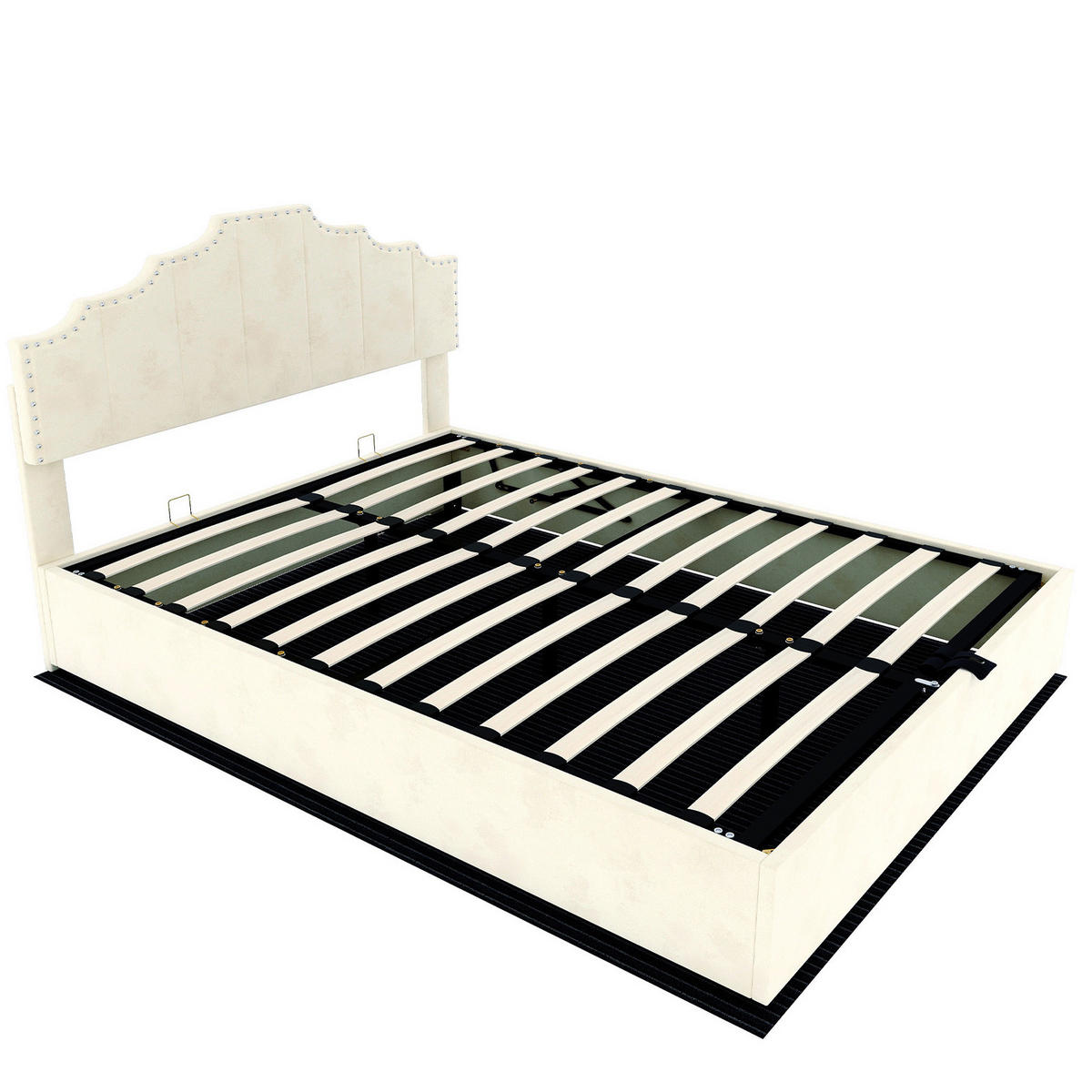 POLSTERBETT 160/200 cm mit Matratze, hydraulischem Bettkasten und geometrischem Kopfteil, Beige - Beige, Textil (160/200cm) - Redom