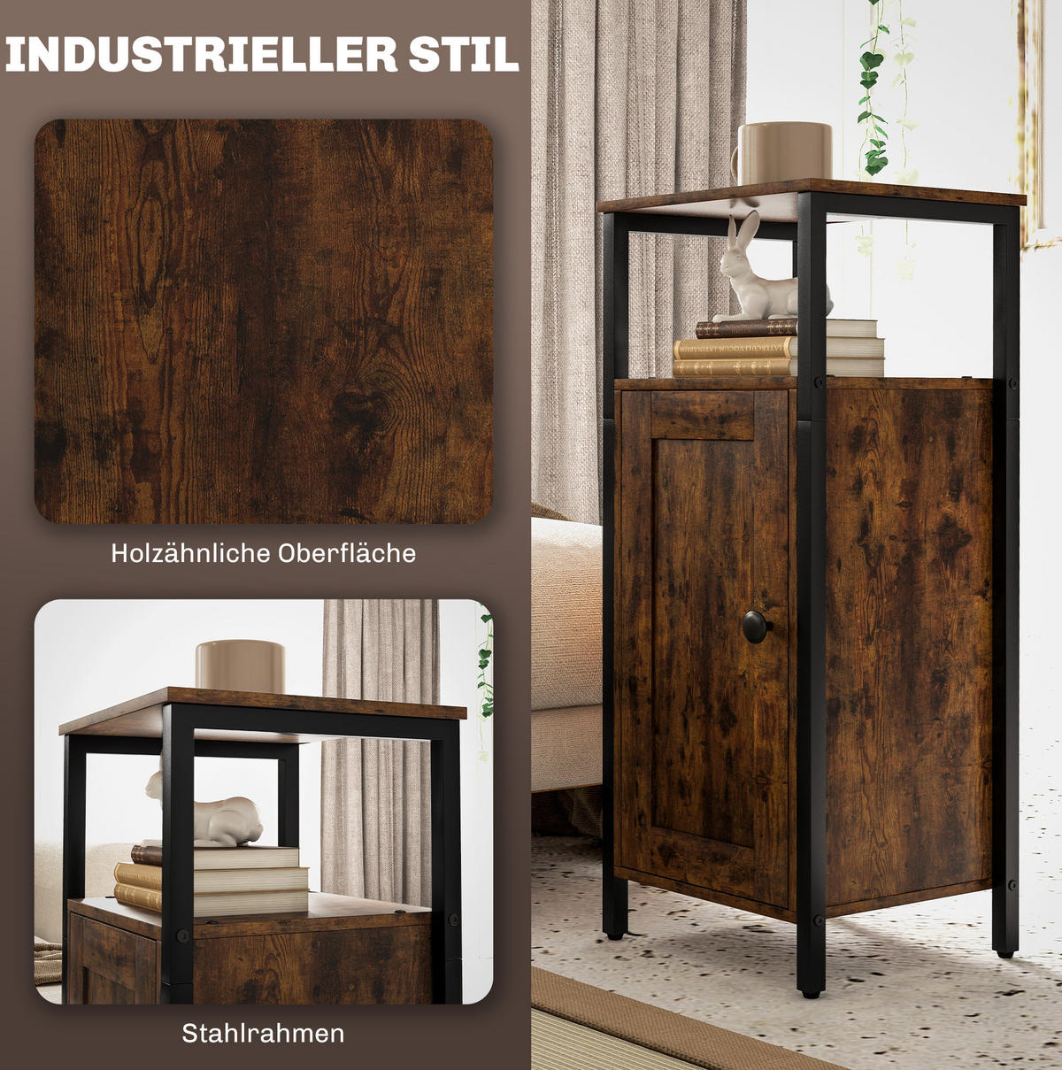 BEISTELLTISCH mit Schrank 34 x 30 x 80 cm Holzoptik Brown - Braun, Metall (34/30/80cm) - Meubliv