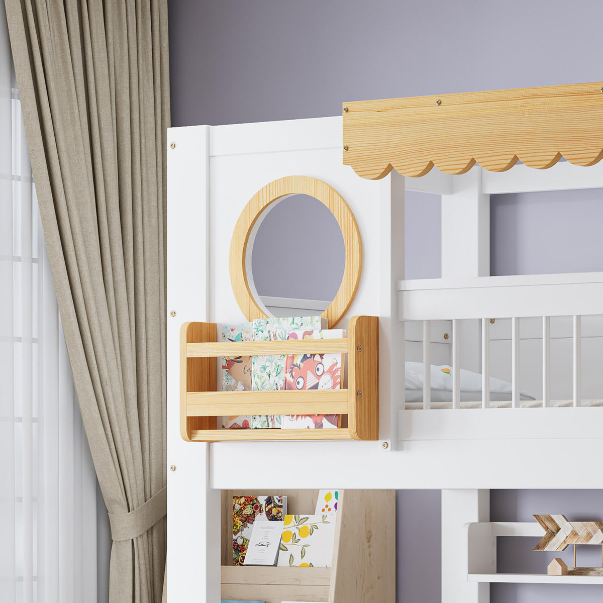 ETAGENBETT 90/200 cm in Weiß & Natur mit 2 Schubladen, Regal und Treppenschrank aus Kiefer & MDF - Weiß/Naturfarben, Holzwerkstoff (90/200cm) - STILVORA