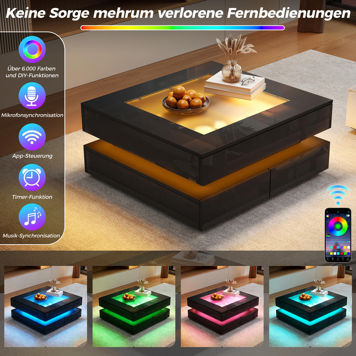 COUCHTISCH DE-37117 quadratisch mit Glasplatte, LED und 3 Schubladen Schwarz - Schwarz, Holzwerkstoff (70/70/35cm) - ComfortXL