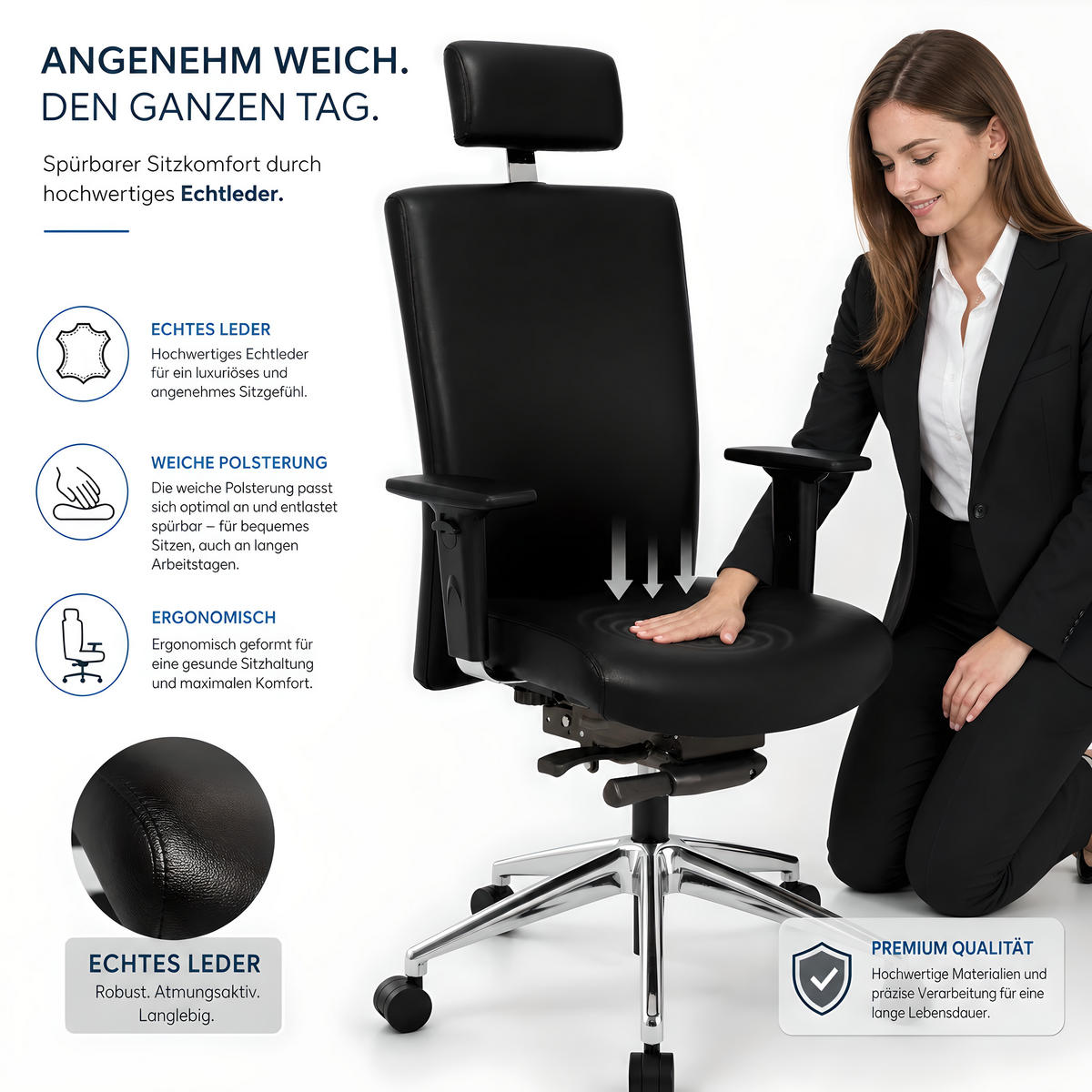CHEFSESSEL Terox Leder Schwarz - ergonomisch, 150 kg belastbar, Sitzhöhe 48-60cm - Schwarz, Kunststoff/Textil (65/112/60cm) - Versee