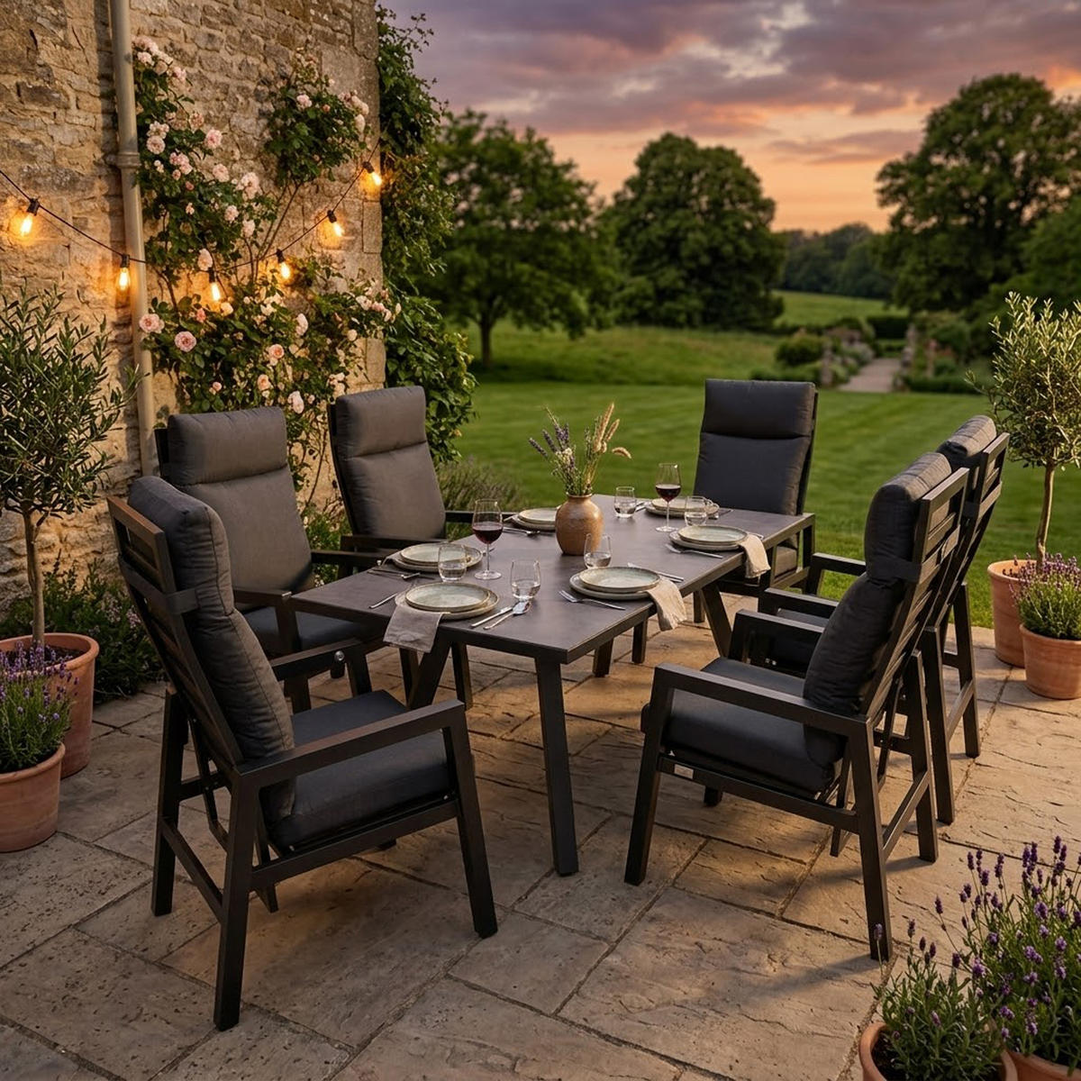 GARTENGARNITUR Luton - 7-teilig (6x Hochlehner Sessel mit Armlehnen, 1x Tisch 180x90cm), Gestell Aluminium dunkelgrau - Grau, Metall - TPFGarden