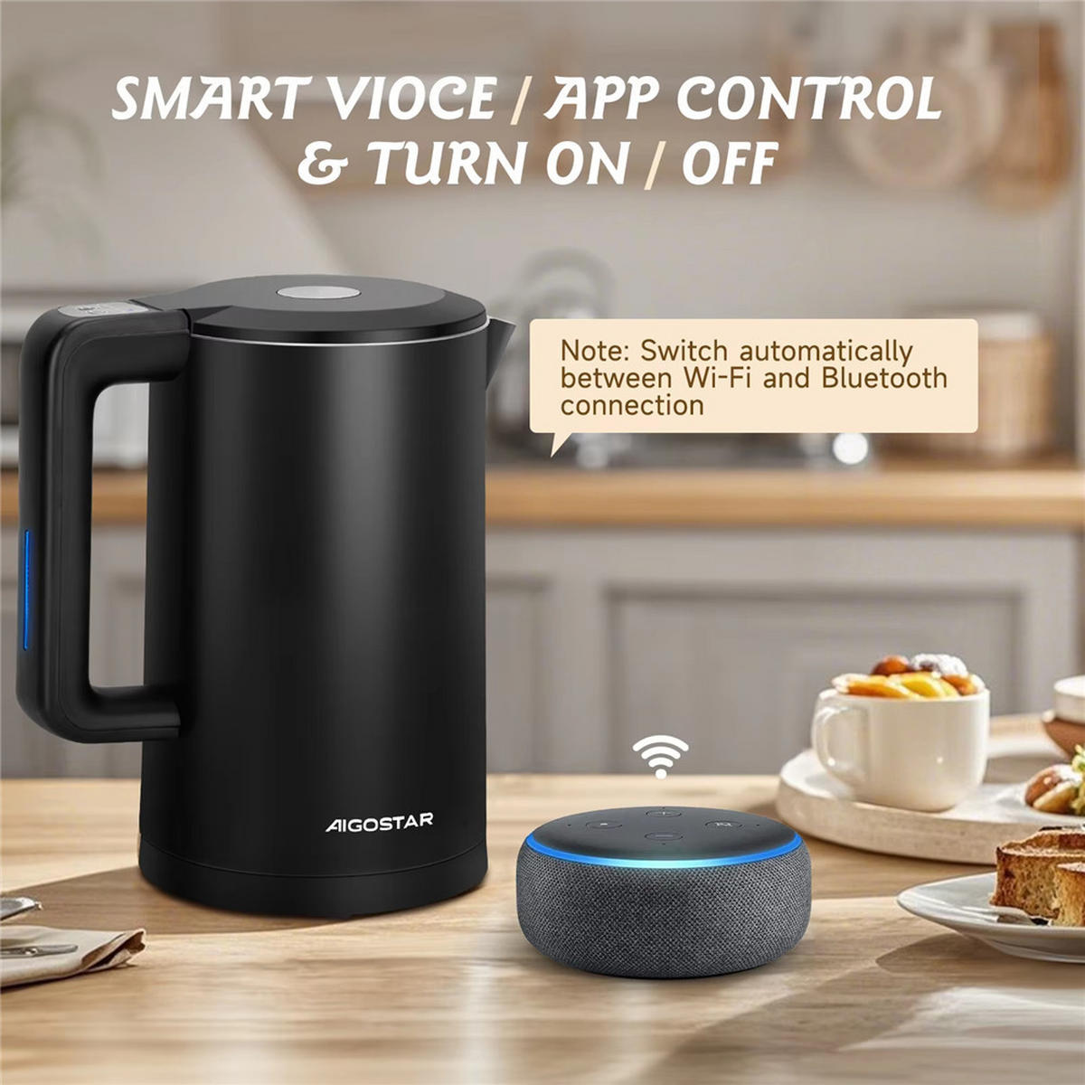 WASSERKOCHER Smart 1,7L WiFi Temperatur 40–100°C Edelstahl Schwarz - Schwarz, Metall (1/1/1cm) - Kaket