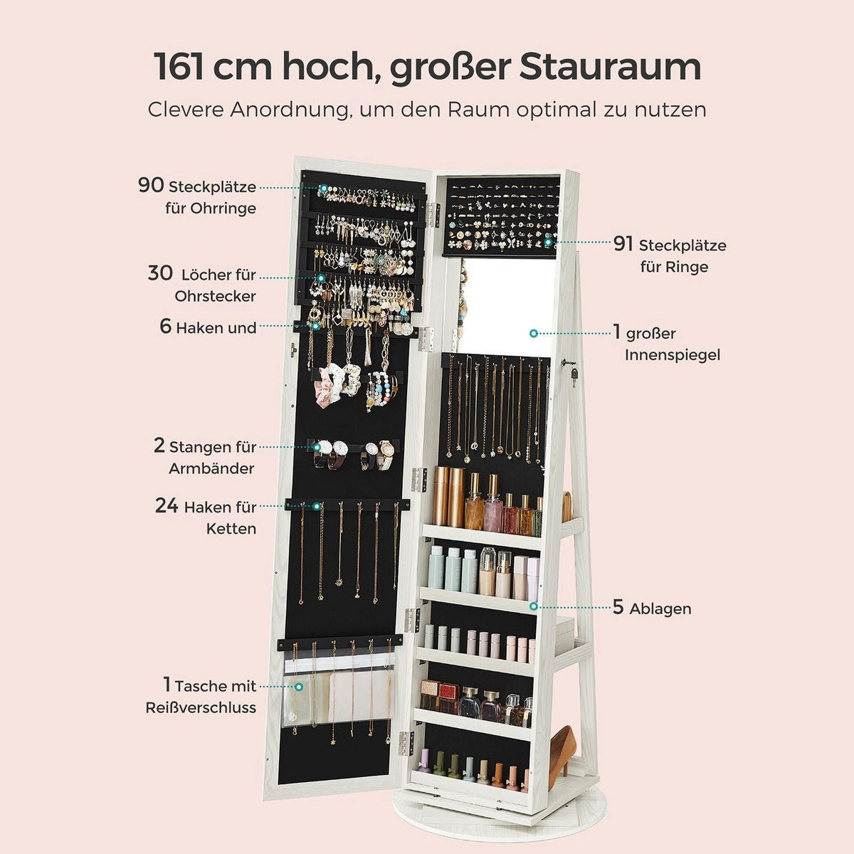 SCHMUCKSCHRANK Dakar - Weiß, Holzwerkstoff (54/161/54cm) - Hansiro