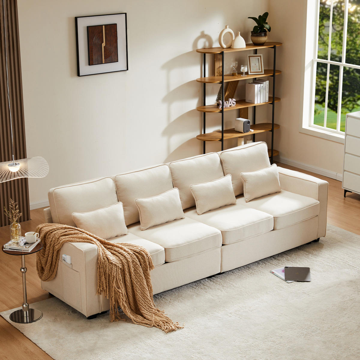 SOFA z ľanovej látky 264x83x87 cm béžová s opierkovými vreckami a 4 vankúšmi - béžová, textil (264/87/83cm) - Modfu