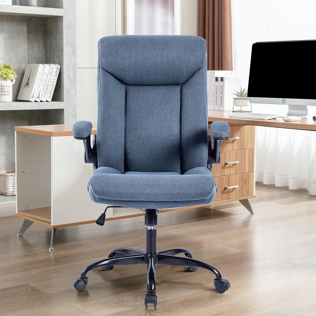 BÜROSTUHL mit hochklappbarer Armlehne Stoff Blau - Blau, Textil (68/113/70cm)