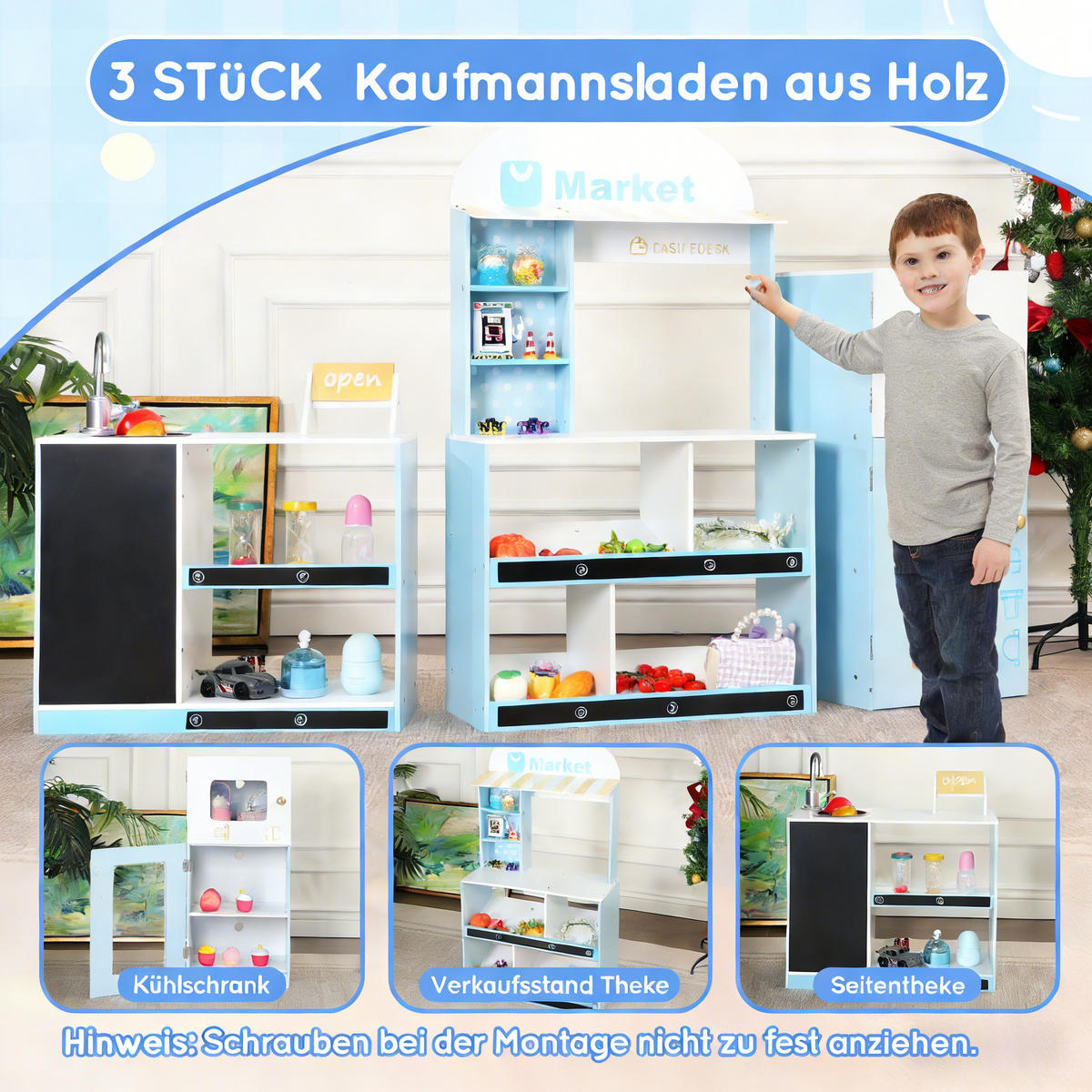 KINDER Kaufladen Spielset Blau – mit Regal, Kühlschrank, Kreidetafel & Zubehör, Holz/Kunststoff, Lernspielzeug ab 3 Jahren - Blau, Holzwerkstoff (155/30/107.5cm) - Ej. Life