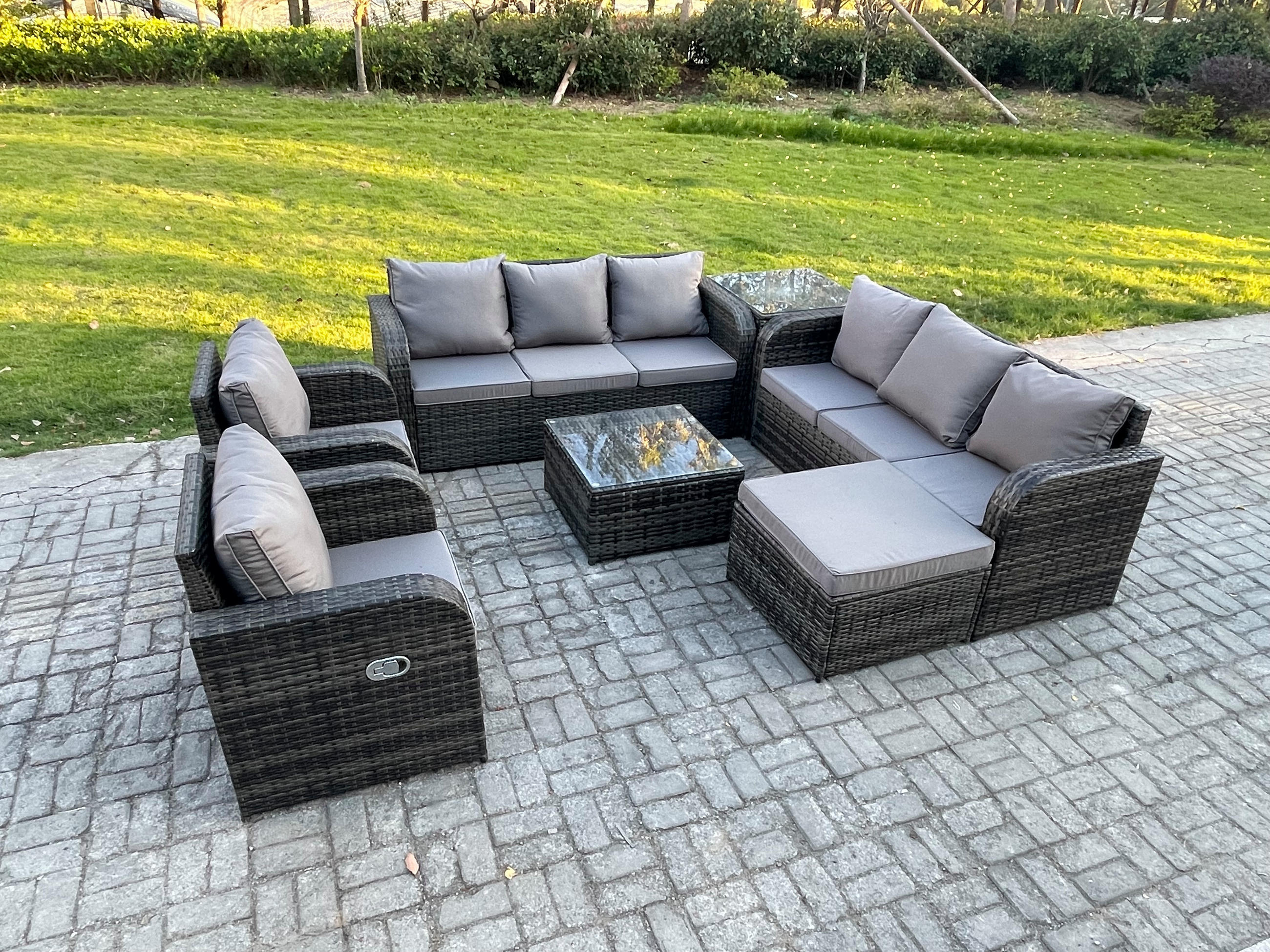 GARTENTISCHGRUPPE Polyrattan Dunkelgrau 7-teilige - Dunkelgrau/Grau, Glas/Kunststoff - Fimous