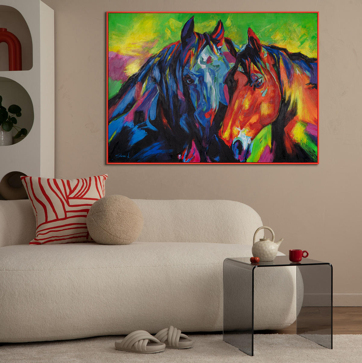 GEMÄLDE Vielfarbige Mähnen Schattenfugenrahmen Rot 120x80 cm - Rot, Holz (120/80cm) - YS-art gallery