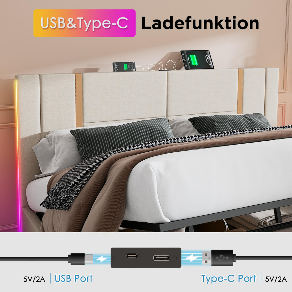 POLSTERBETT 180/200 cm in Beige Leinen mit Bettkasten, LED und USB/Type-C - Beige, Holzwerkstoff/Textil (180/200cm) - WISHDOR