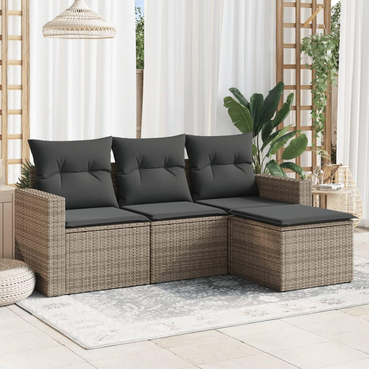GARTEN-SOFAGARNITUR 4-teilig Mit Kissen Grau Poly Rattan - Grau, Kunststoff - vidaXL