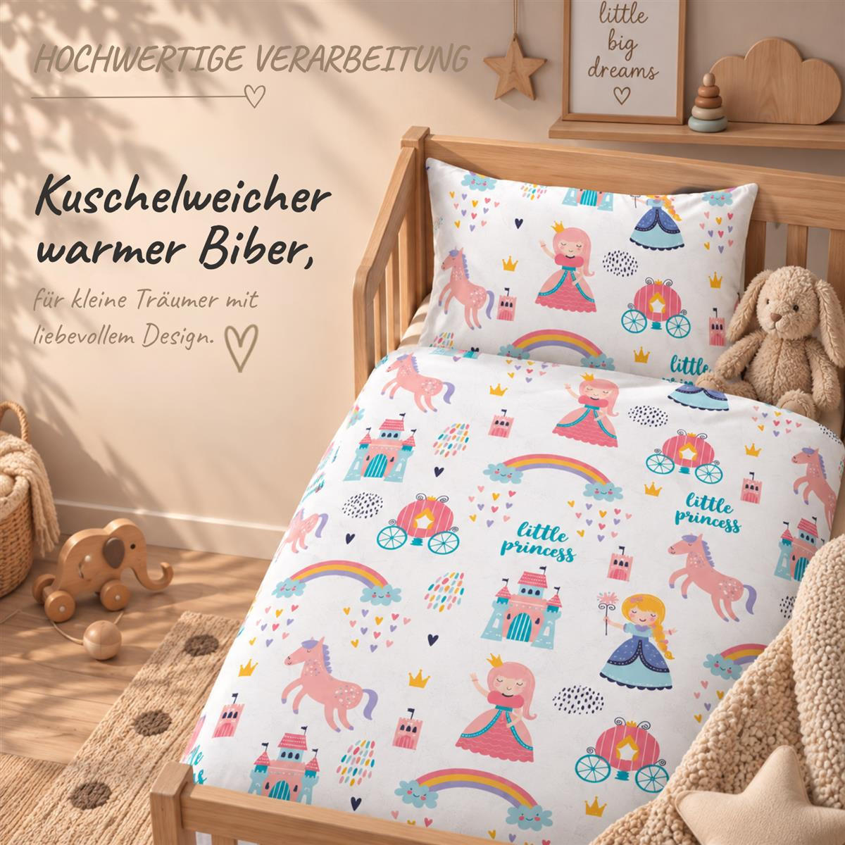 BIBER-BETTWÄSCHE 135x200 für Kinder 100% Baumwolle - Prinzessin - Rosa, Textil (135/200cm) - Carpe Sonno
