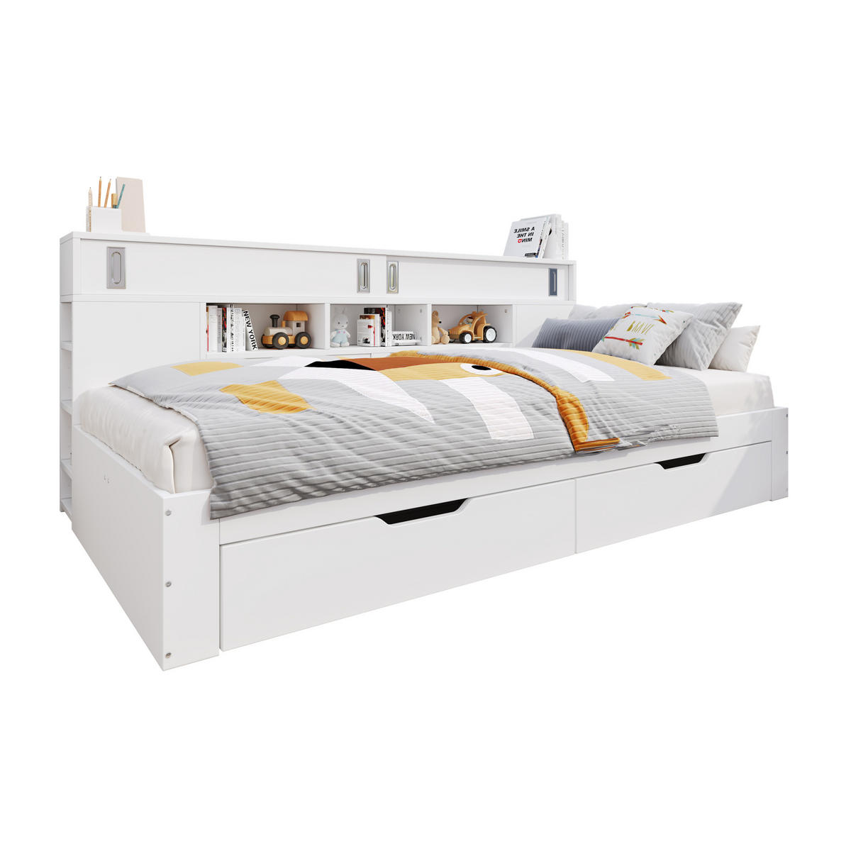 KINDER-TAGESBETT 90/190 cm Weiß aus MDF mit 2 Schubladen, Schiebetüren und Regalen - Weiß, Holzwerkstoff (90/190cm) - OKMYHOME