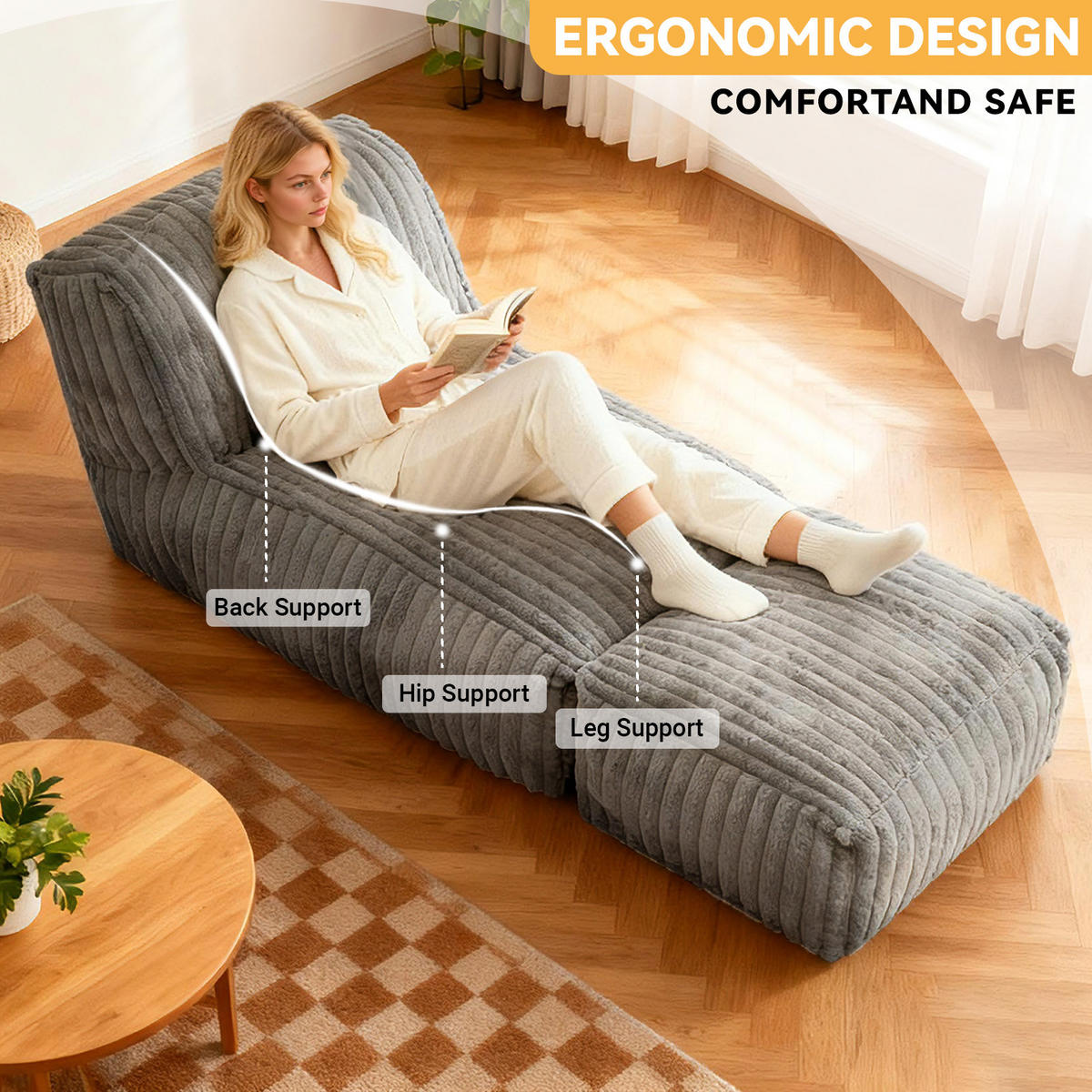 FÅTÖLJ MED PALL i manchester modulär och ergonomiskt stoppad - Ljusgrå, Textil (160/66/80cm) - Urban Meuble
