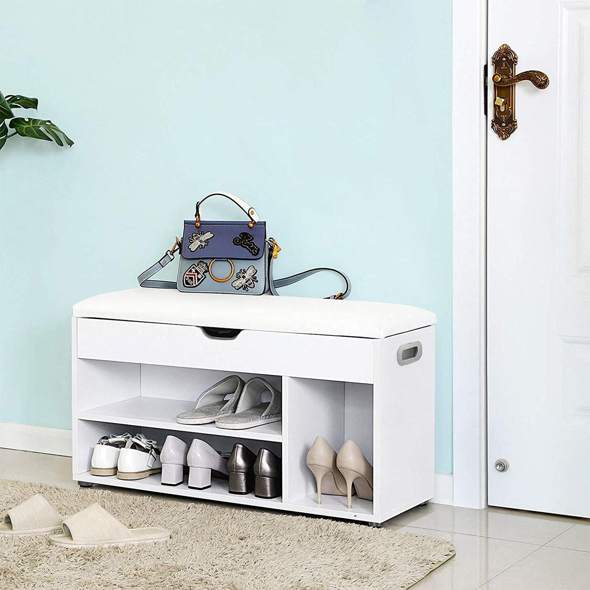 SCHUHBANK 3 Fächer und 1 Truhe mit bequemer Sitzfläche - H44 cm - Weiß, Holzwerkstoff (30/44/80cm) - Calicosy