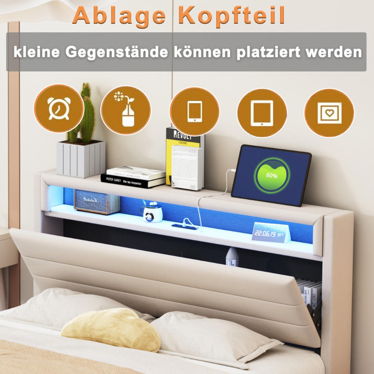 POLSTERBETT 160/200 cm Beige Hydraulisches Stauraumbett mit USB und LED-Beleuchtung - Beige, Textil (160/200cm) - OKWISH