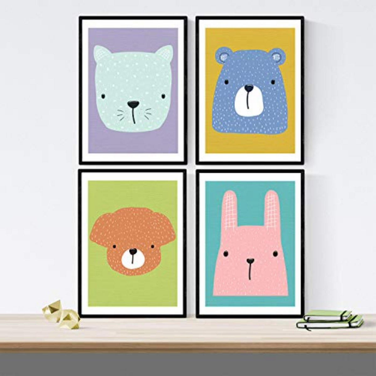 POSTER Set mit 4 Animales infantiles A3 Schwarzer Rahmen - Schwarz, Papier (29.7/3cm) - Nacnic