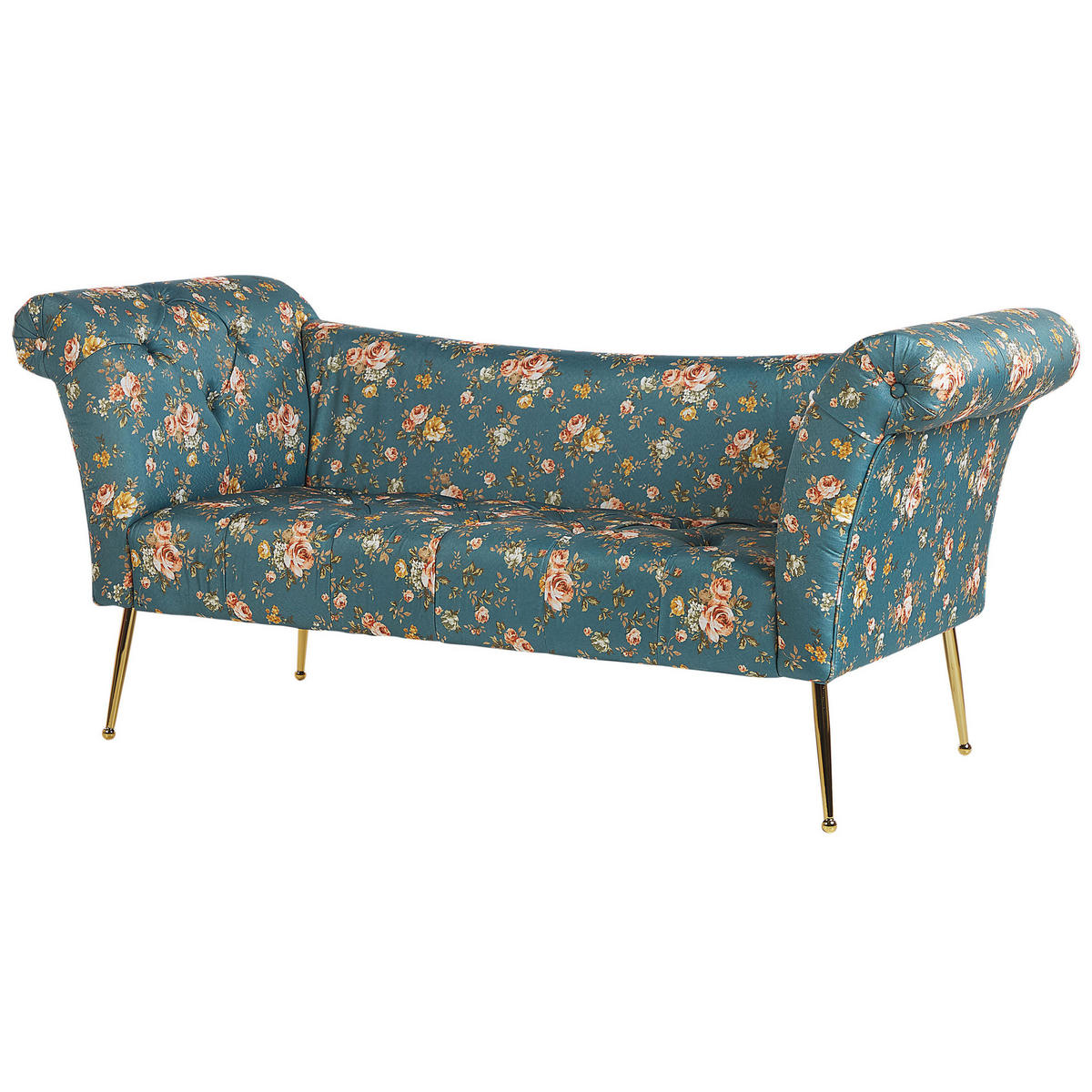 CHAISELONGUE Samtstoff seeblau/gold Blumenmuster Nantilly - Blau/Goldfarben, Textil (175/76/70cm) - Beliani