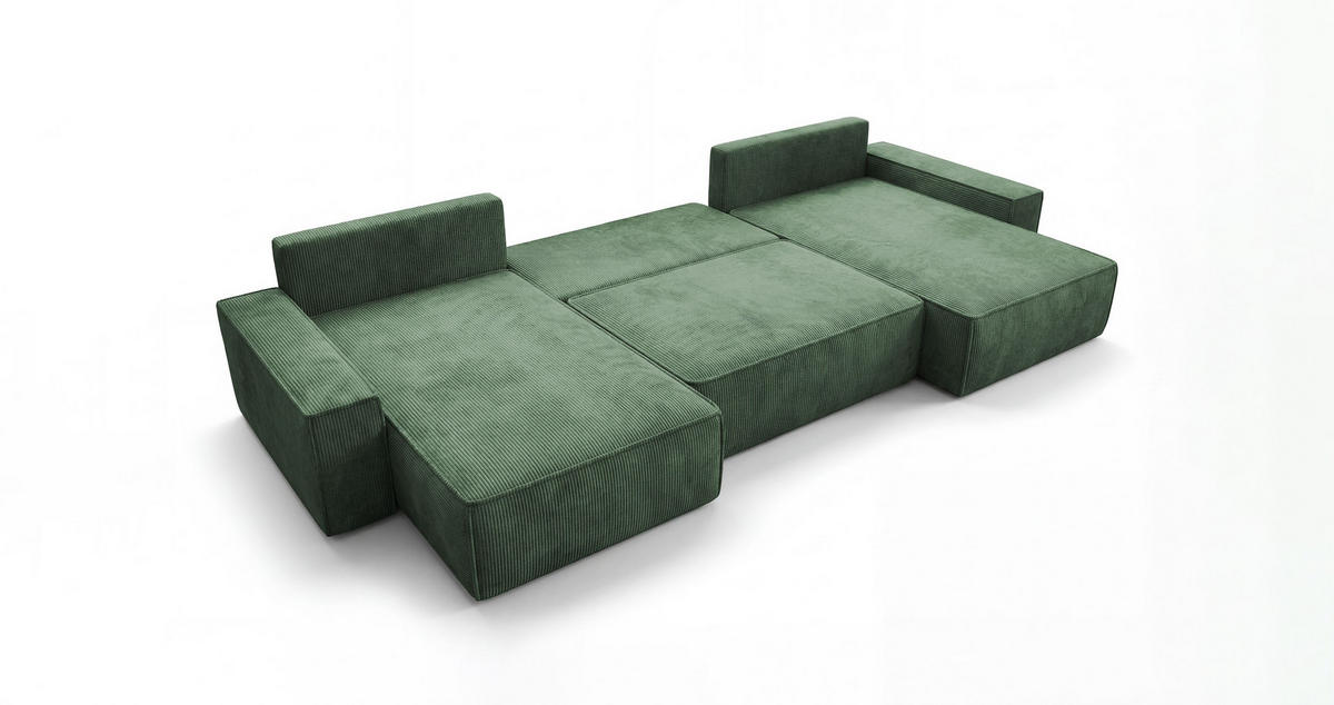 ROHOVÁ pohovka CALIFORNIA tvar U zelená manšestr POSO 14 - funkce spaní, úložný prostor - zelená barva, textil (385/185cm) - Cornero