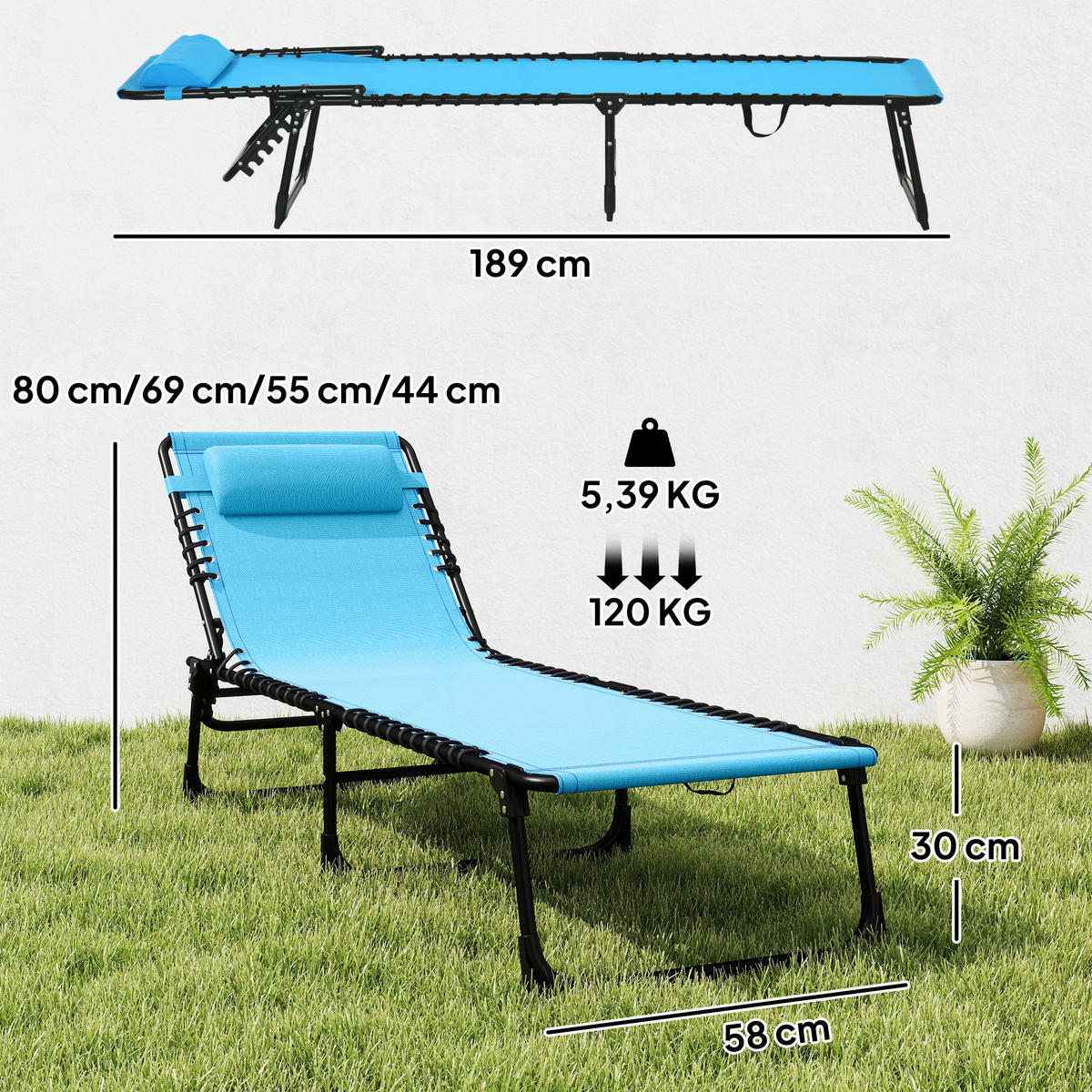 SONNENLIEGE Polyester 189/58/30 cm - Blau, Textil/Metall (58/30/189cm) - Outsunny