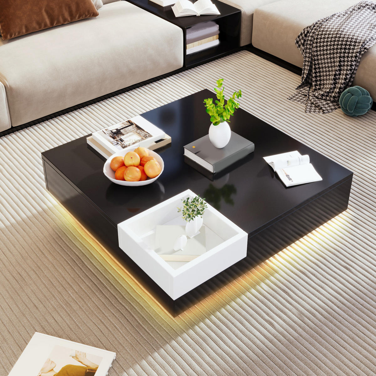 COUCHTISCH mit LED 72x72x30 cm Hochglanz Schwarz Weiß - Schwarz, Holzwerkstoff (72/72/30cm) - Meubliv