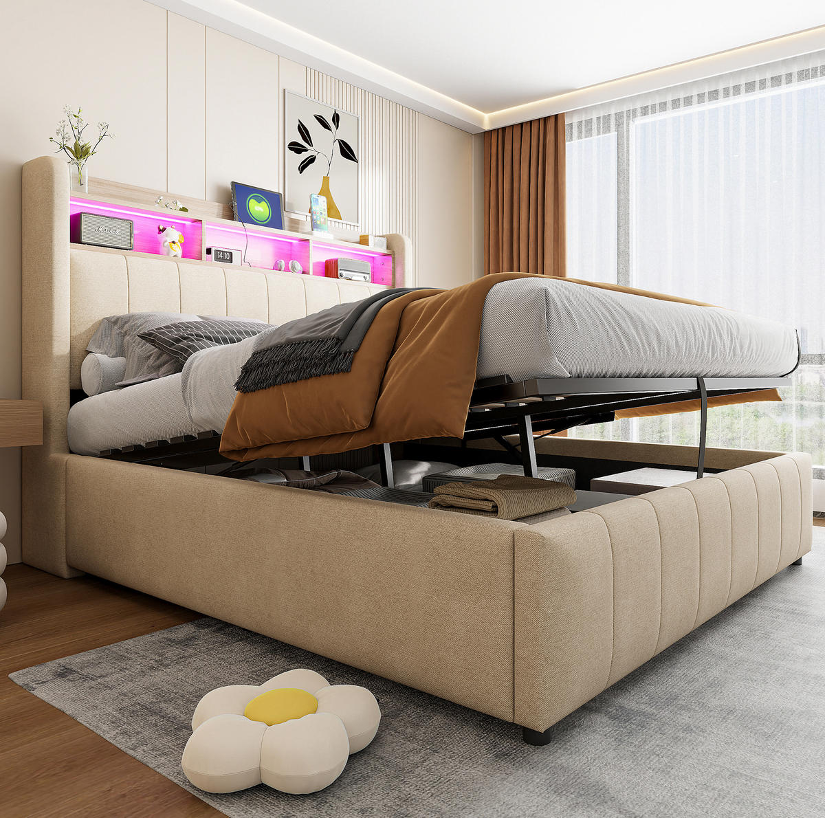 POLSTERBETT 140/200 cm Beige mit LED-Beleuchtung, Stauraum und USB/Type-C - Beige, Textil (140/200cm) - Flora Grace