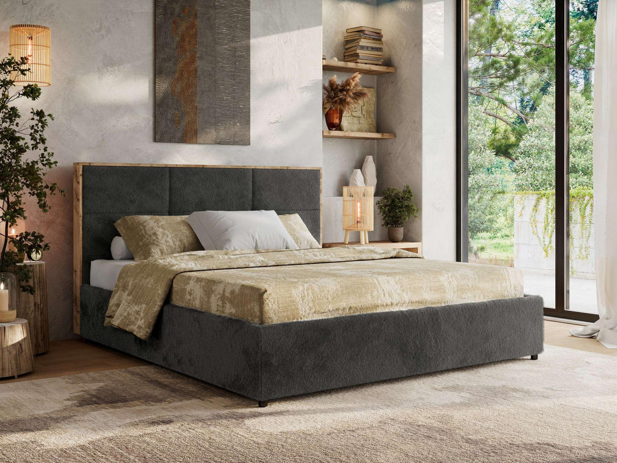 POLSTERBETT LERIO CLASSIC 160/200 - Dunkelgrau Plüsch - Schaum-Matratze - Dunkelgrau, Textil (160/200cm) - MKS