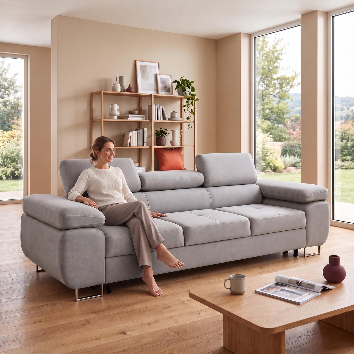 3-SITZER-SOFA WILD mit Schlaffunktion 127x190 Velours Grau - Chromfarben/Grau, Holz/Textil (262/90/102cm) - Muffo