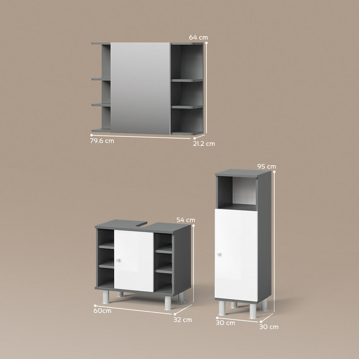 BADMÖBEL-SET Fucino Anthrazit 3 Teile, mit Midischrank - Weiß Hochglanz/Anthrazit, Holzwerkstoff (80/64/21cm) - Livinity®