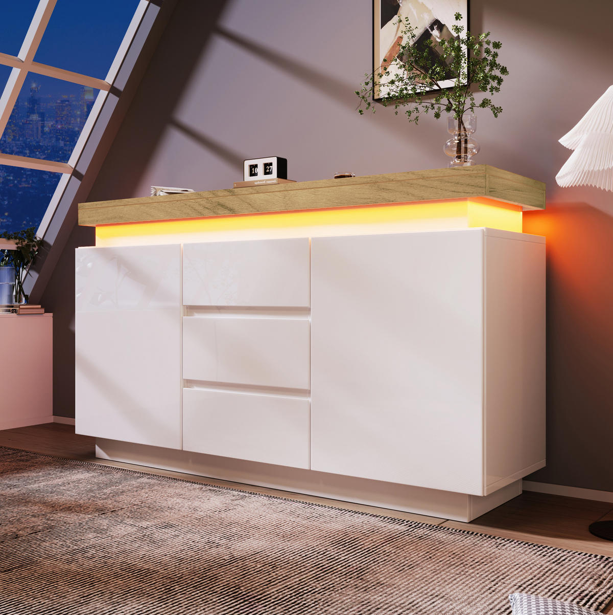 KOMODA 140 cm v beli visoki sijaj z LED-osvetlitvijo in 2 vrati - bela, leseni material (39/81/140cm) - OKMYHOME