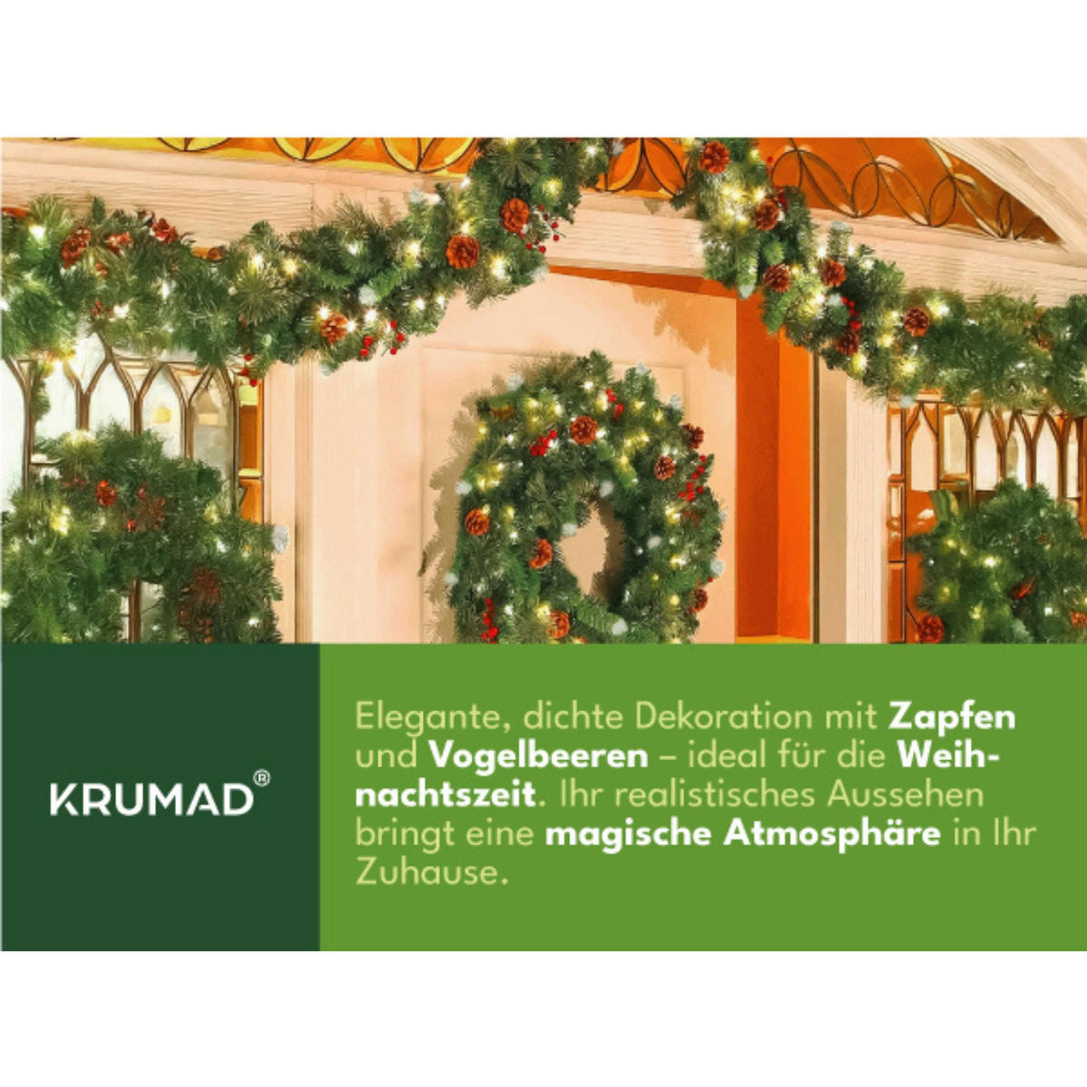 WEIHNACHTSGIRLANDE 3m mit Beleuchtung - Grün, Kunststoff (300cm) - KRUMAD