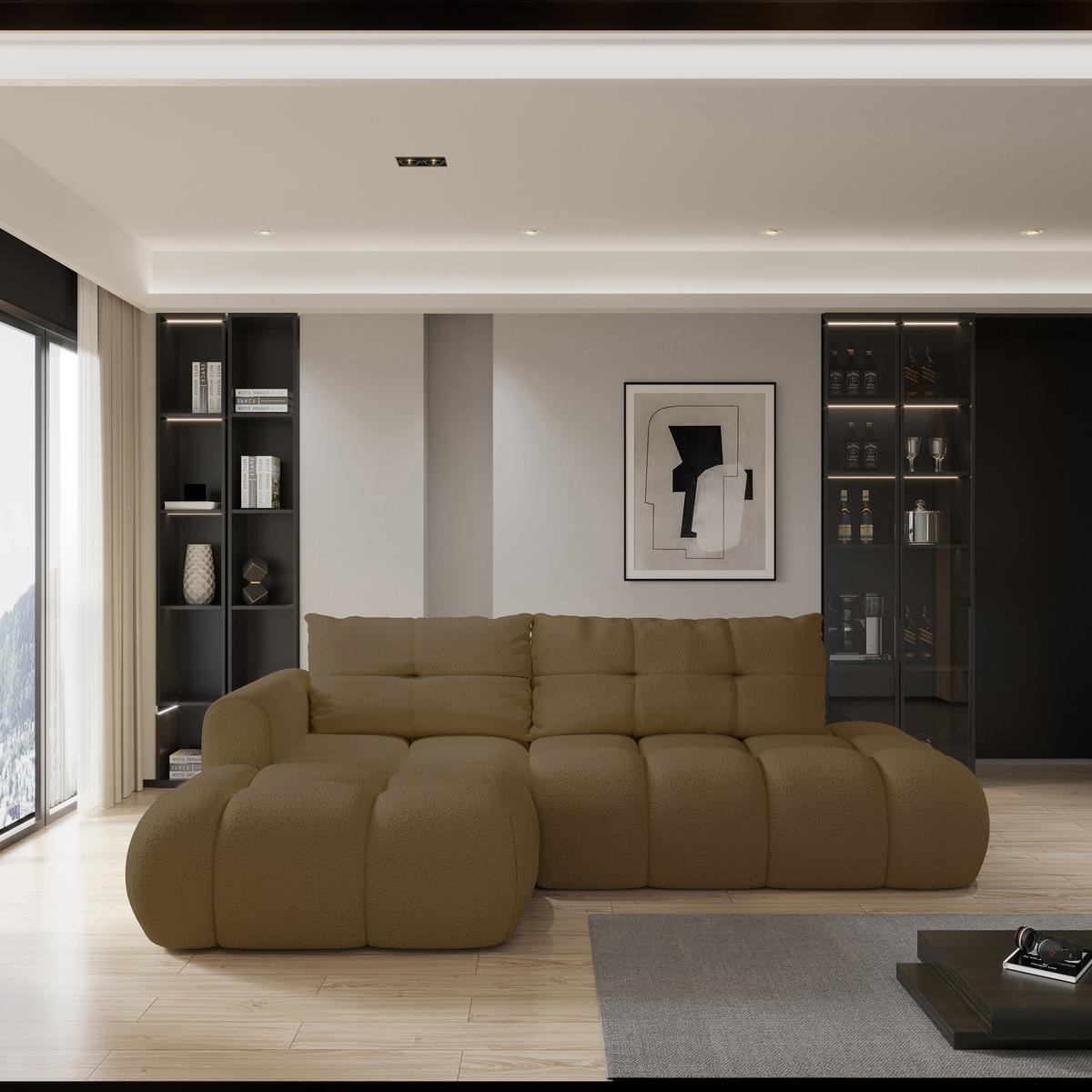 ECKSOFA FLUMA L-S Orange Boucle-Stoff mit Schlaffunktion - Orange, Holz (279/158cm) - MASSENO