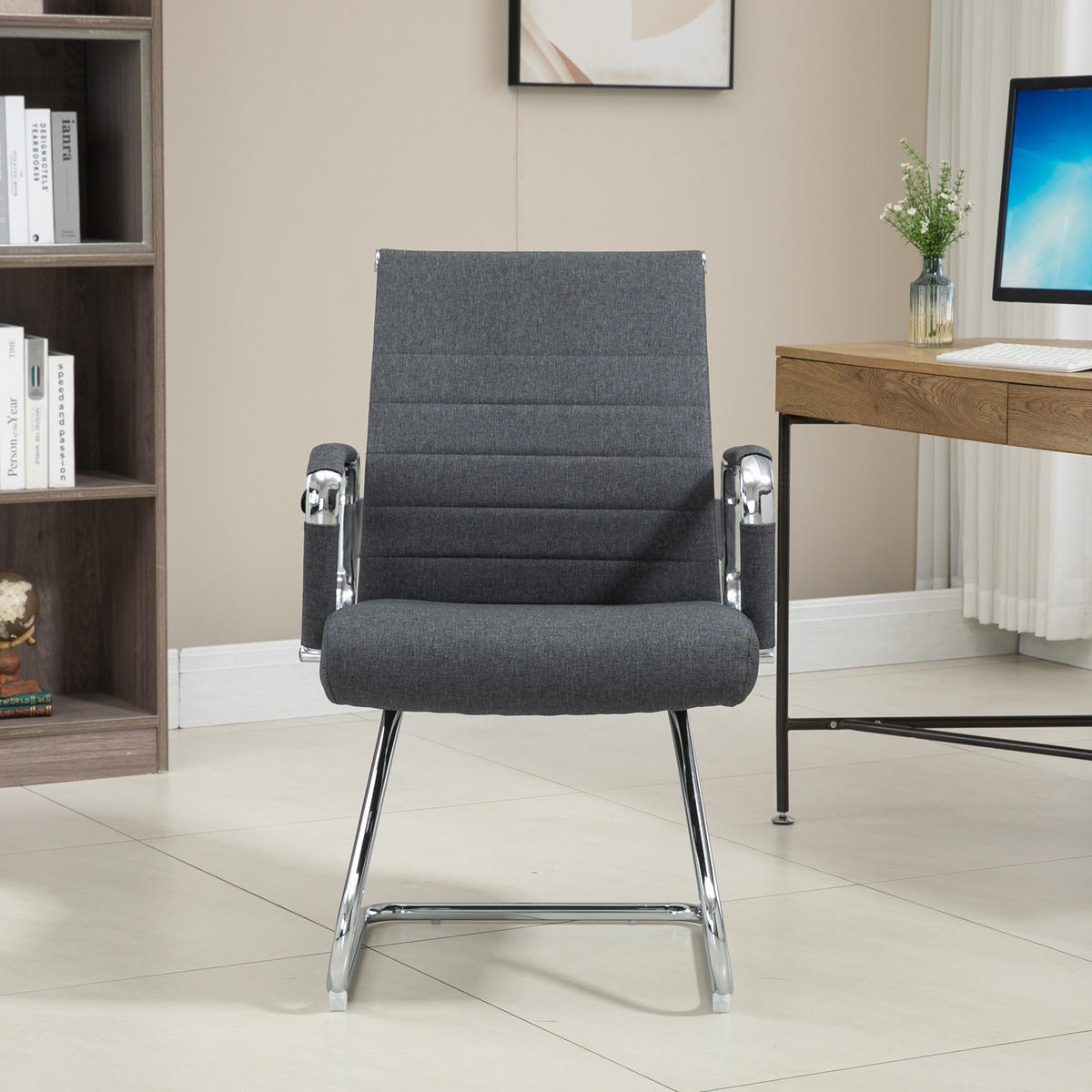 BESUCHERSTUHL OFFICE COMFORT 2er Set LB Stoff Dunkelgrau - Dunkelgrau/Silberfarben, Textil/Metall (56/94/64cm) - SVITA