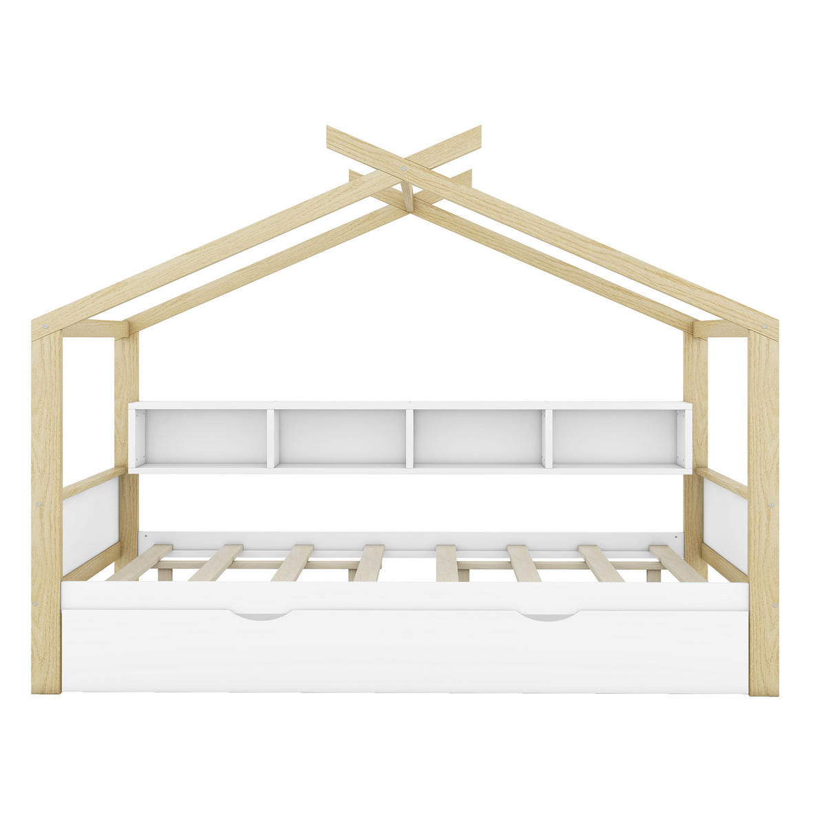 HAUSBETT 140/200 cm DE-04750, mit Ausziehbett und vier Staufächern in Weiß - Weiß/Naturfarben, Holz/Holzwerkstoff (140/200cm) - ComfortXL