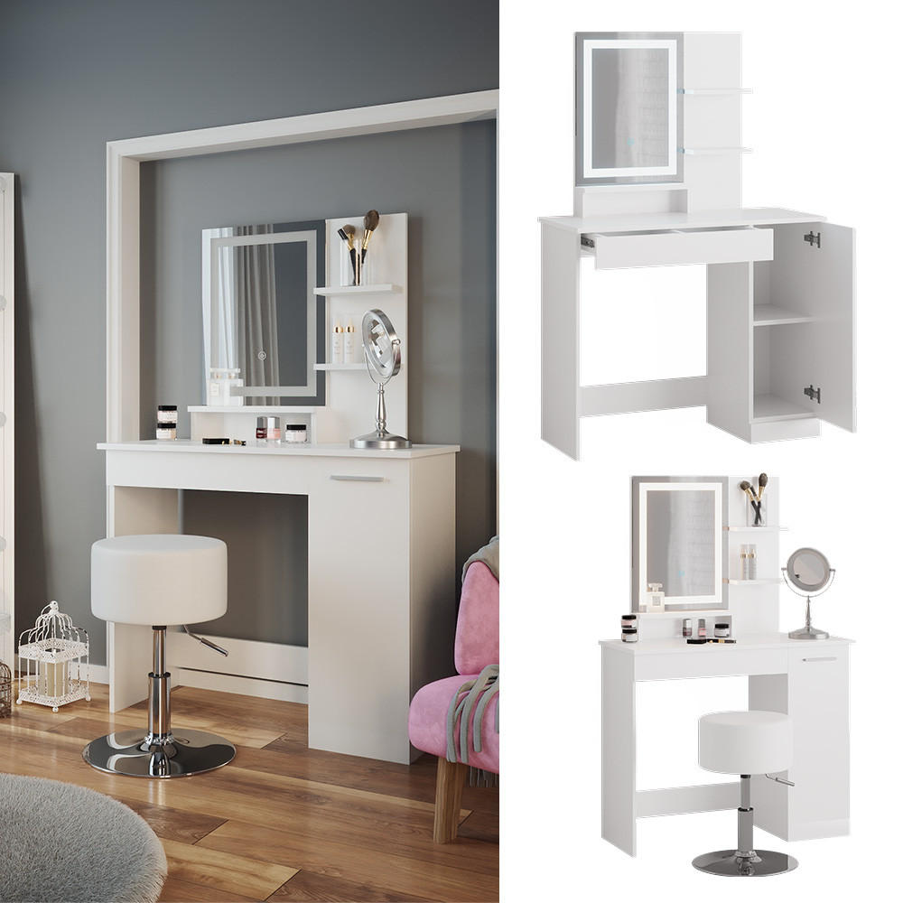 SCHMINKTISCH Julia Weiß 90 cm mit LED-Spiegel und Hocker - Weiß, Holzwerkstoff (90/137.5/38cm) - Vicco