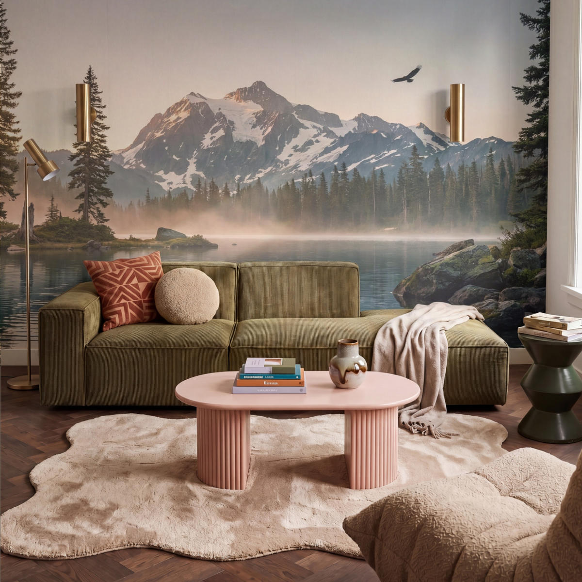 TAPETE - Berge - Wasser - Bäume - 350x240 cm - Multicolor, Papier (350/240cm) - OnlyWow