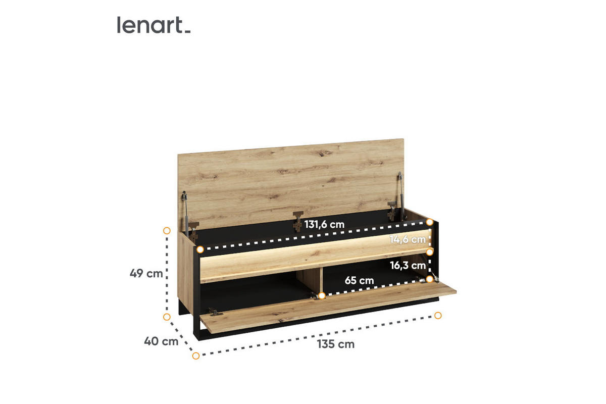 GARDEROBE Quant 1 - Schwarz/Eiche Artisan, Holzwerkstoff (135/182/40cm) - Meblini