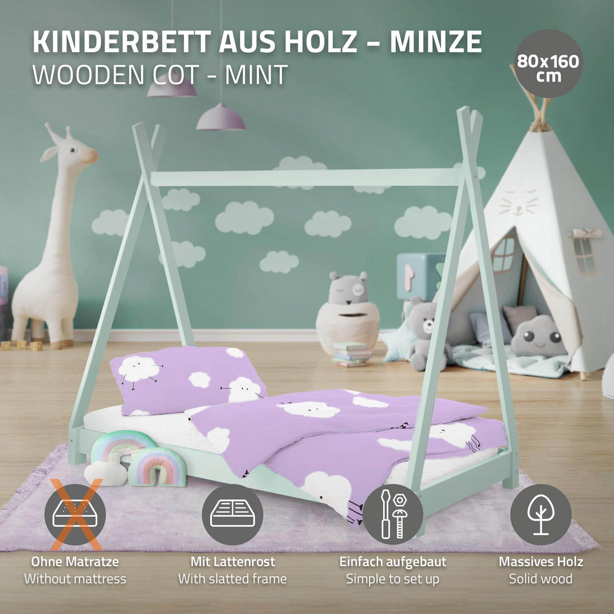 KINDERBETT Tipi 80x160 cm Mint - Mintgrün, Holz (80/160cm) - ML-DESIGN
